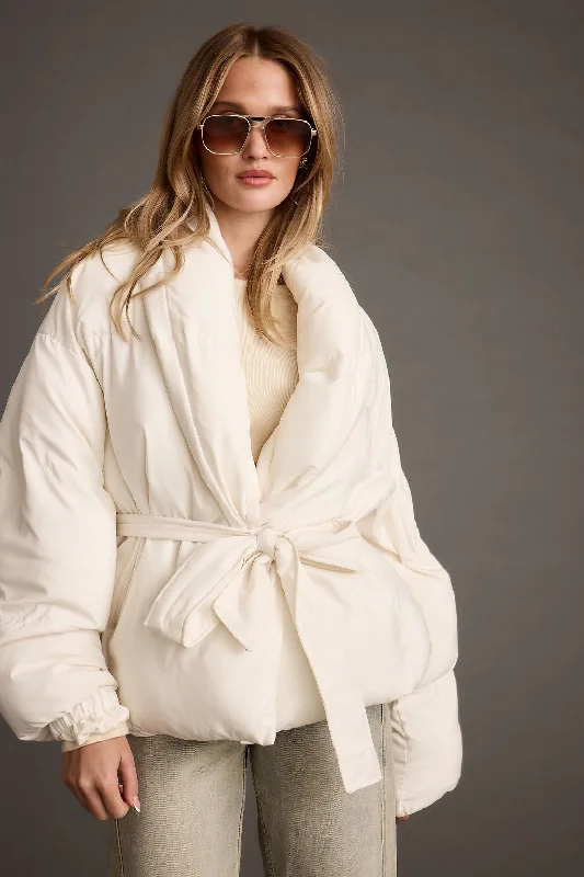 cozy women's coatsMaverick White Belted Puffer Coat