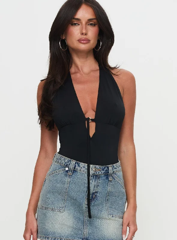 women's tops for boho-chic stylesTwo Summers Plunge Neck Bodysuit Black