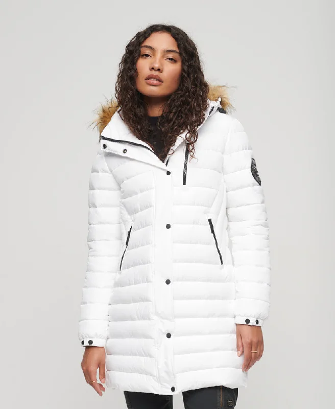 women's coats with military-inspired designsFuji Hooded Mid Length Puffer Coat | White