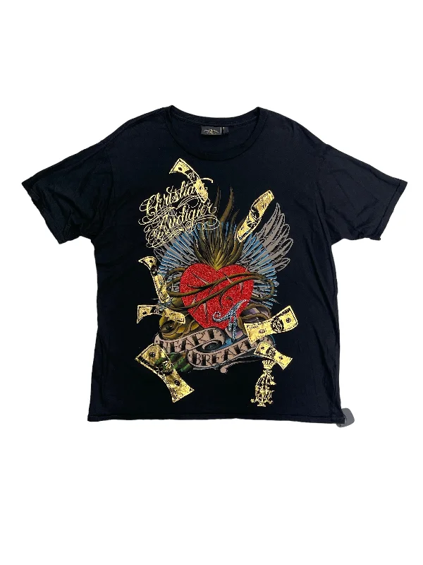 women's tops with flutter sleevesTop Short Sleeve Basic By Christian Audigier In Black & Gold, Size: Xxl