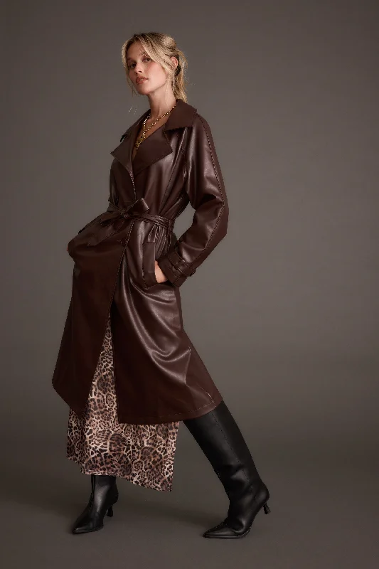 women's coats with belted waistsBrynne Faux Leather Mahogany Brown Trench