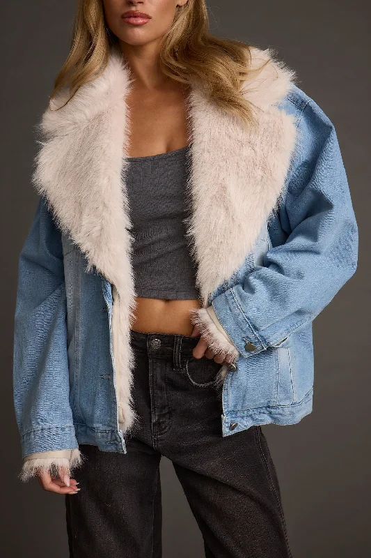 women's bomber jackets and coatsRylee Denim Jacket with Faux Fur Trim