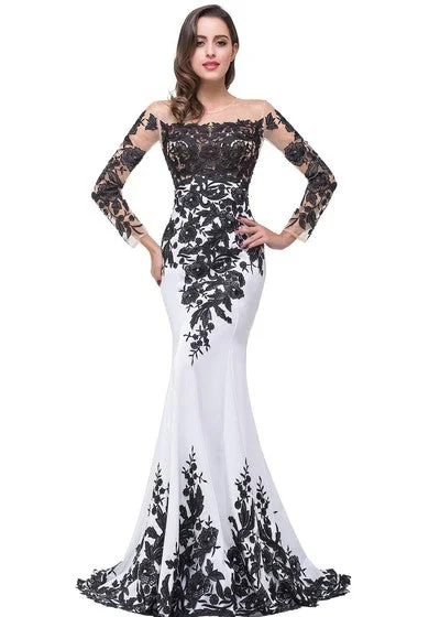 women's cinched-waist dressesGlamorous Long Sleeve Mermaid 2022 Evening Dress Black Appliques Mother Dress