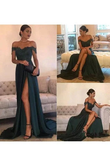 women's wrap dressesOff-the-shoulder A-line Floor-length Court Train Sleeveless Chiffon Lace Evening Dress with Zipper Back