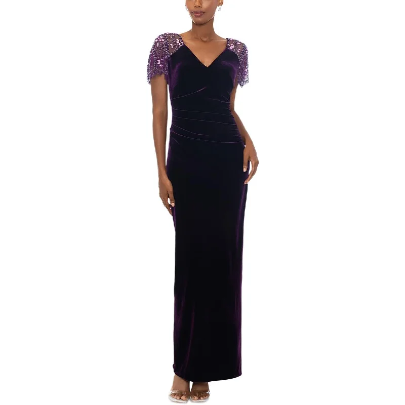 women's short-sleeved dressesXscape Womens Velvet Embellished Evening Dress