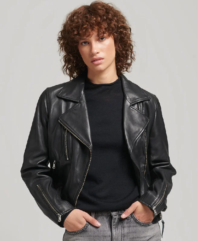 women's coats with belted waistsStudios Leather Biker Jacket | Black