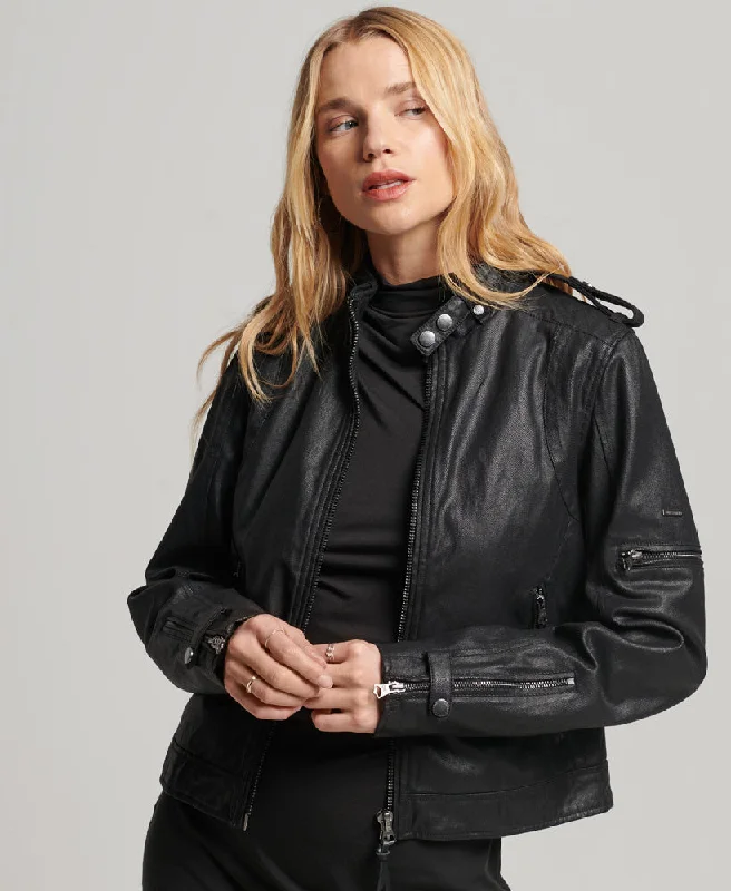 women's coats for cocktail partiesVintage Coated Moto Racer Jacket | Black