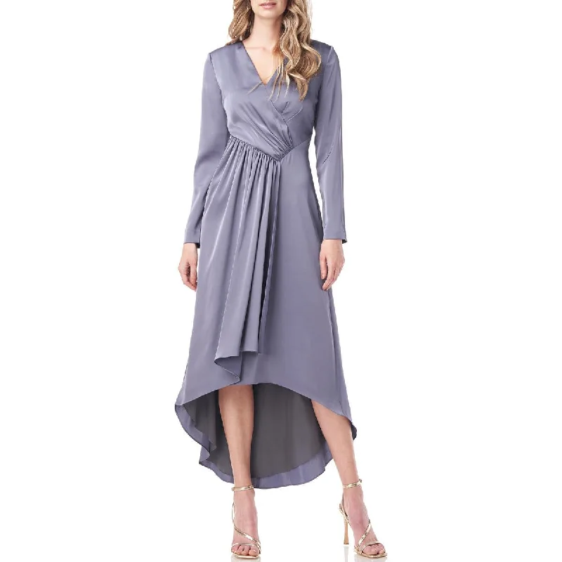 Designer DressKay Unger Helena Women's Hi-Lo Gathered Charmeuse Long Sleeve Evening Dress