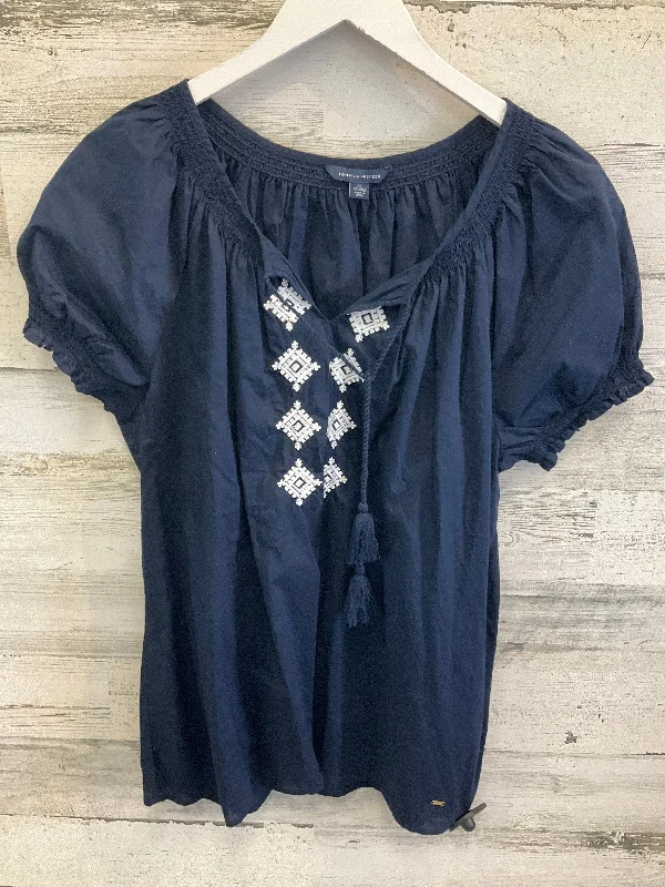 women's tops with ruffled hemsTop Short Sleeve By Tommy Hilfiger In Blue & White, Size: Xl