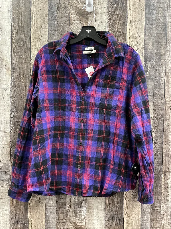 women's tops with lace-up frontsTop Long Sleeve By L.l. Bean In Plaid Pattern, Size: M