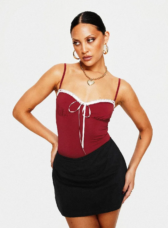 women's tops for those who want to add a personal touch to their wardrobe with unique and one-of-a-kind piecesDamsel Bodysuit Burgundy