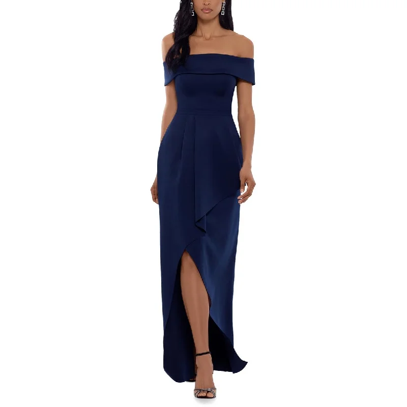 women's denim dressesXscape Womens Off-The-Shoulder Asymmetrical Evening Dress