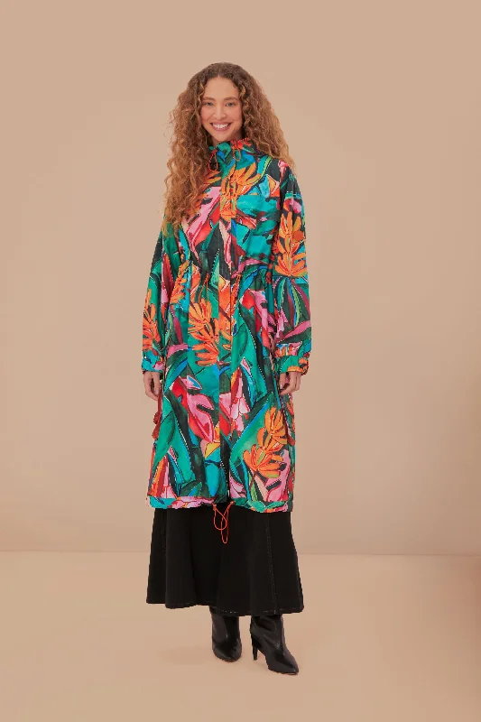 women's coats for ice skatingGreen Banana Foliage Maxi Raincoat