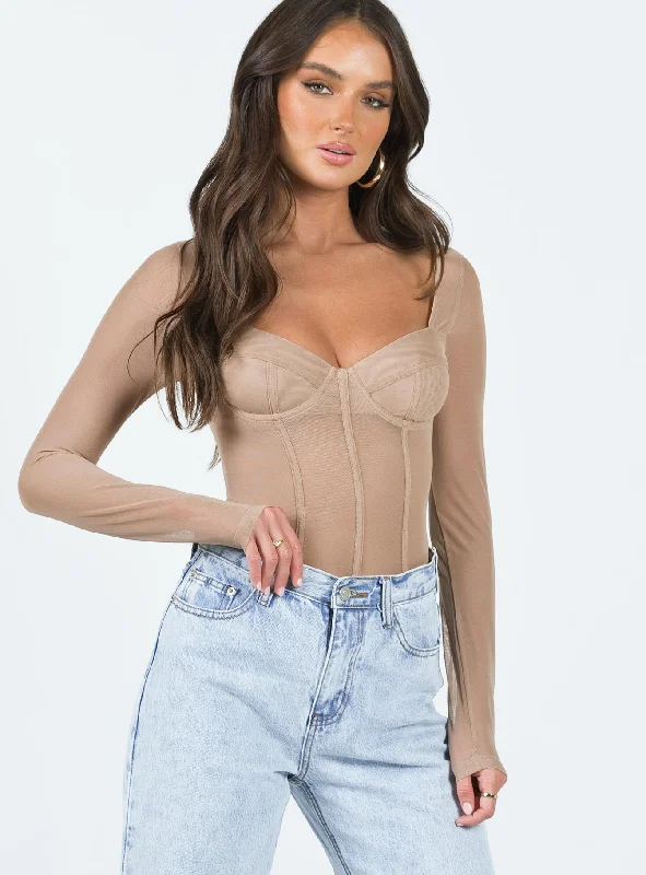 women's tops with ruffled hemsLeonie Bodysuit Beige