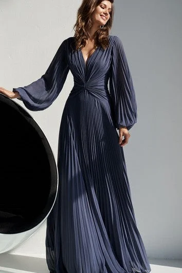 women's ruffle dressesSimple V-neck A Line Floor-length Chiffon Evening Dress with Pleats