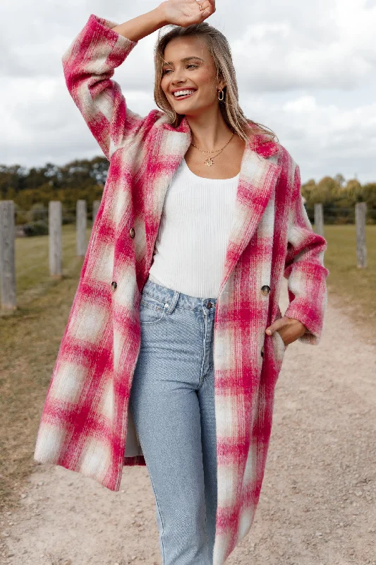 women's coats for cocktail partiesGianna Button Front Plaid Long Coat - Pink