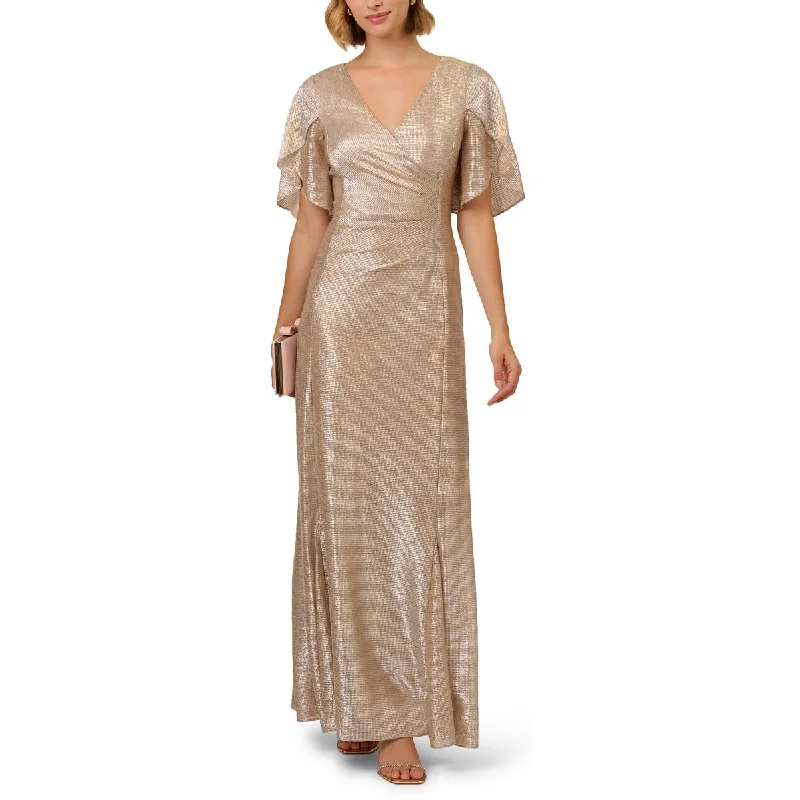 women's long-sleeved dressesAdrianna Papell Womens Metallic Flutter Evening Dress