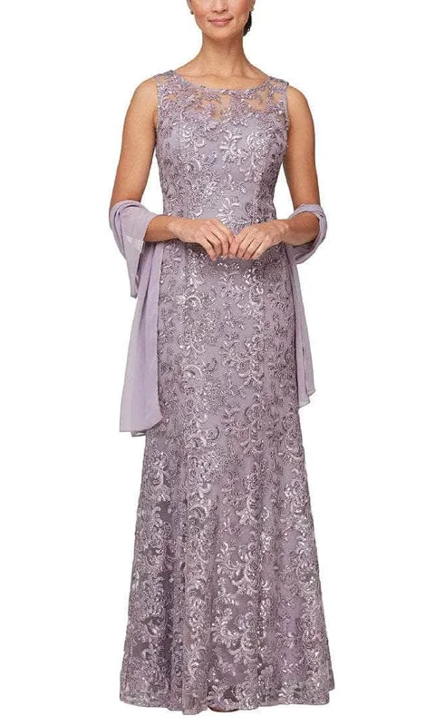 Satin DressAlex Evenings - 81171128 Embroidered Sleeveless Dress with Shawl