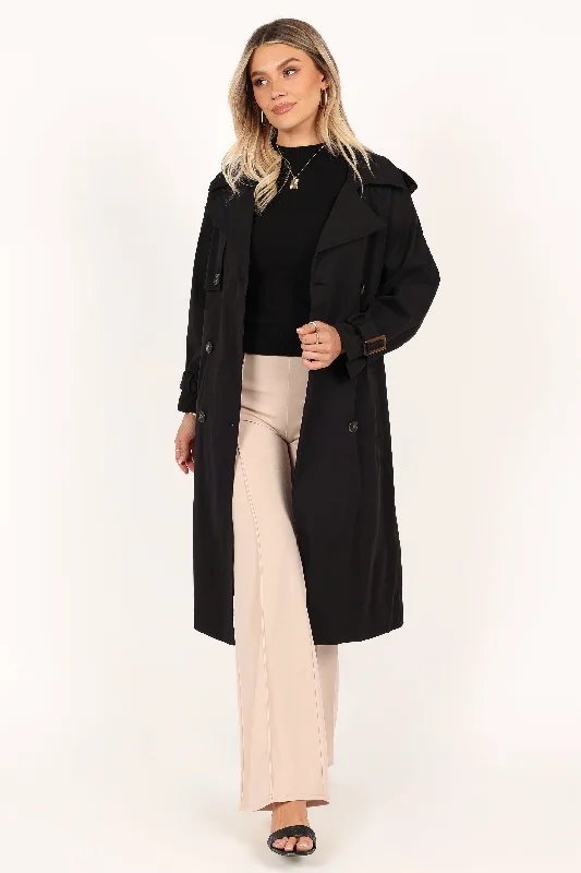 women's coats with beadwork accentsTrina Button Front Trench Coat - Black