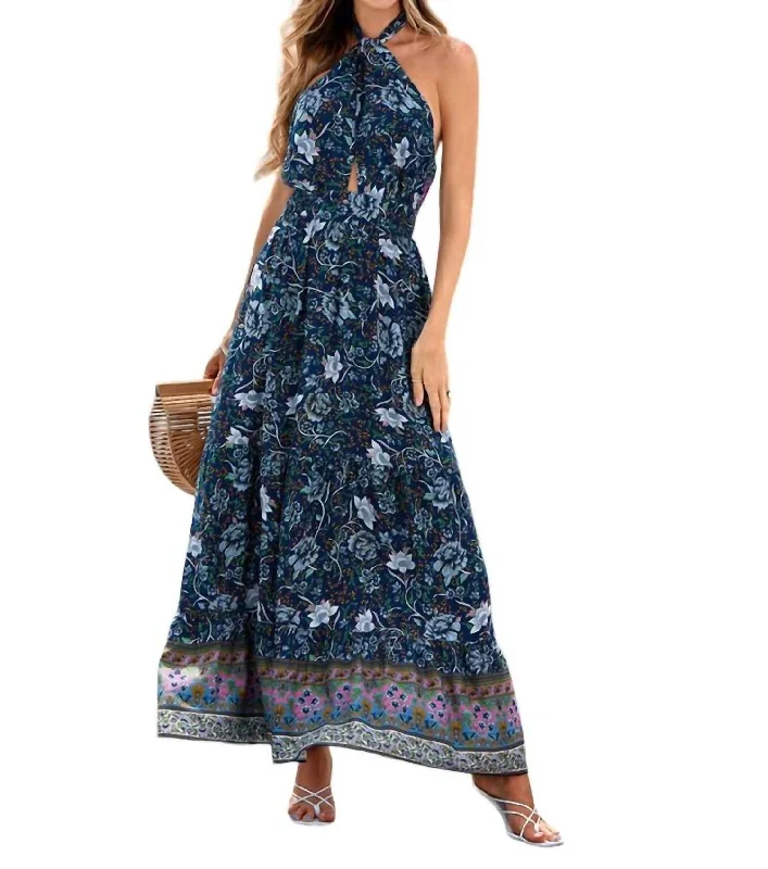 Metallic DressFloral Print Halter Tie Maxi Dress In Navy Floral