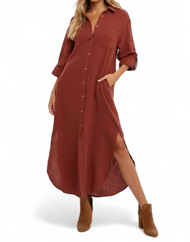 Body-Hugging DressSarah Button Up Maxi Shirt Dress With Pocket In Brick