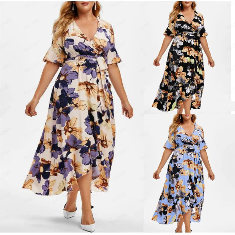 Bell-Sleeve DressWomen's Maxi Robe Fashion Designer Floral Long Dresses (Plus Size)