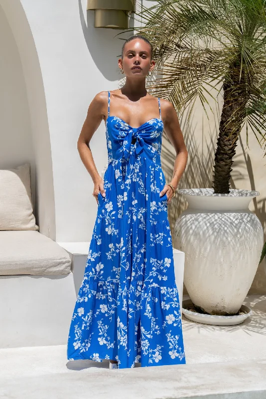 Off-The-Shoulder DressLunaria Blue Floral Tie Detail Tiered Maxi Dress