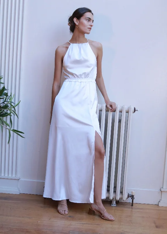 Halter DressDove White Satin Maxi Dress