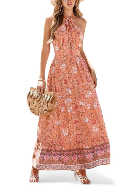 Solid Color DressFloral Print Halter Tie Maxi Dress In Orange Floral