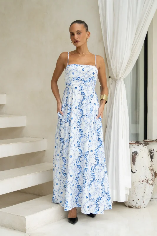 Bridesmaid DressFiora Blue Floral Flared Maxi Dress