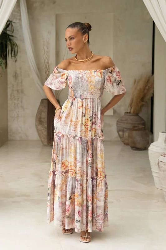 women's trendy dressesCarmella Pink Floral Tiered Maxi Dress