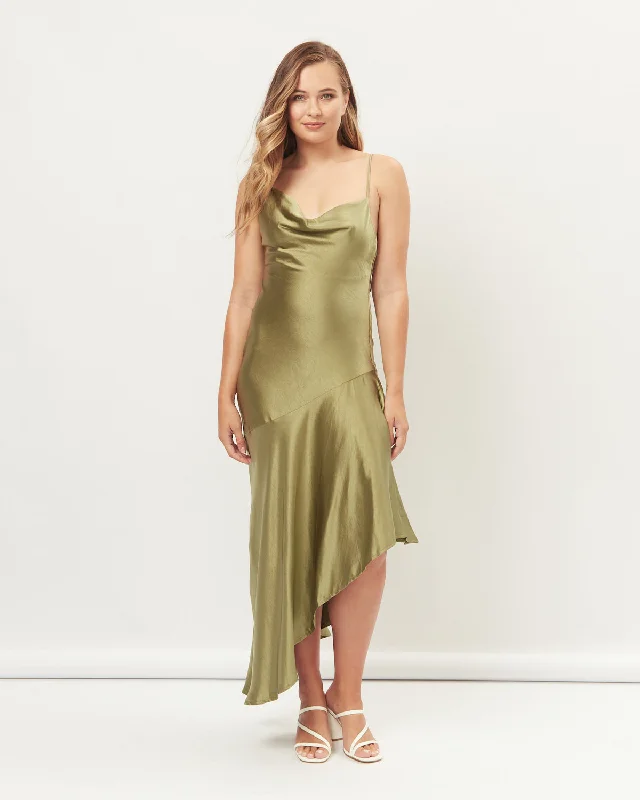 women's machine-washable dressesNevaeh Green Asymmetric Hem Maxi Dress