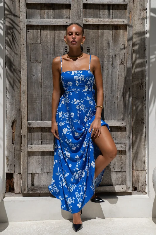 women's high-end dressesLunaria Blue Floral Flared Maxi Dress