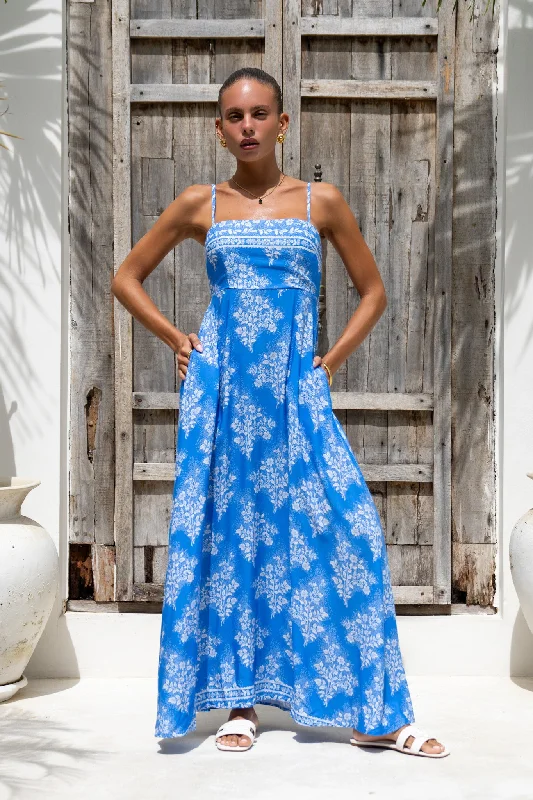 women's ethical fashion dressesMyrrah Blue Floral Flared Maxi Dress