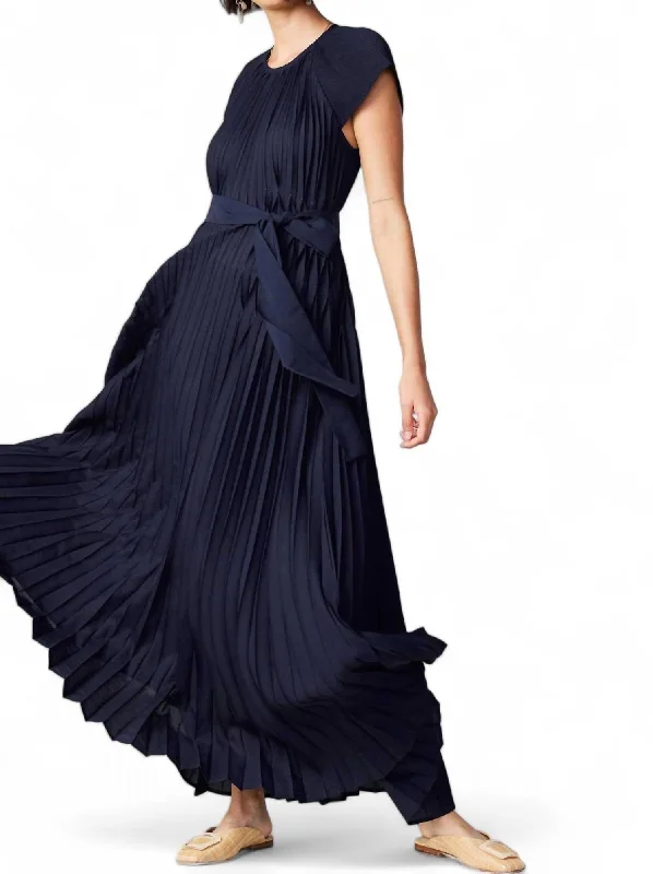 women's vacation dressesFluttered Maxi Pleated Dress In Navy