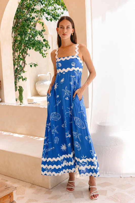 women's bow dressesMariselle Blue Ocean Abstract Ric Rac Maxi Dress