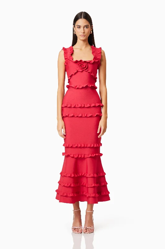 women's lace-up dressesKimberly Frill Maxi Dress in Red