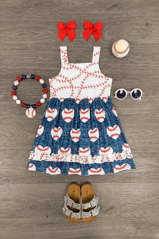 Spaghetti Strap DressBlue & White Baseball Heart Dress