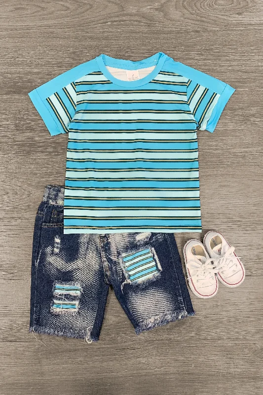 Evening DressBlue & Yellow Stripe Denim Short Set