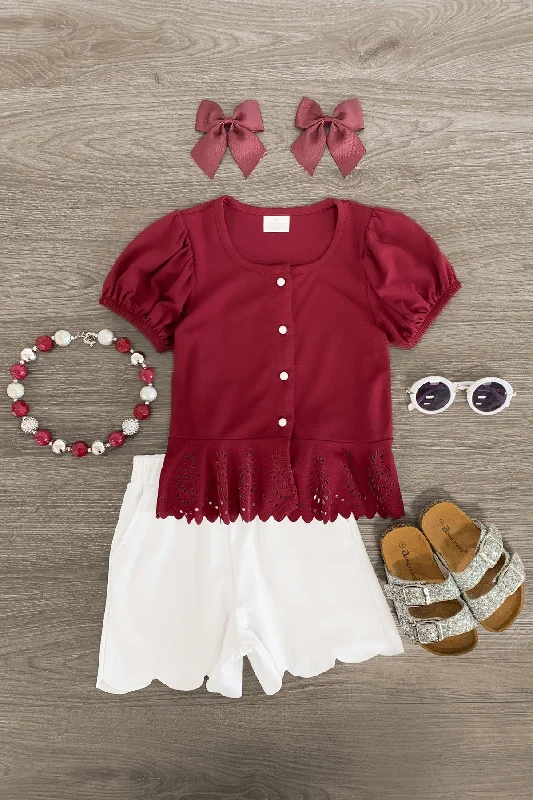 Knit DressBurgundy & White Scalloped Short Set