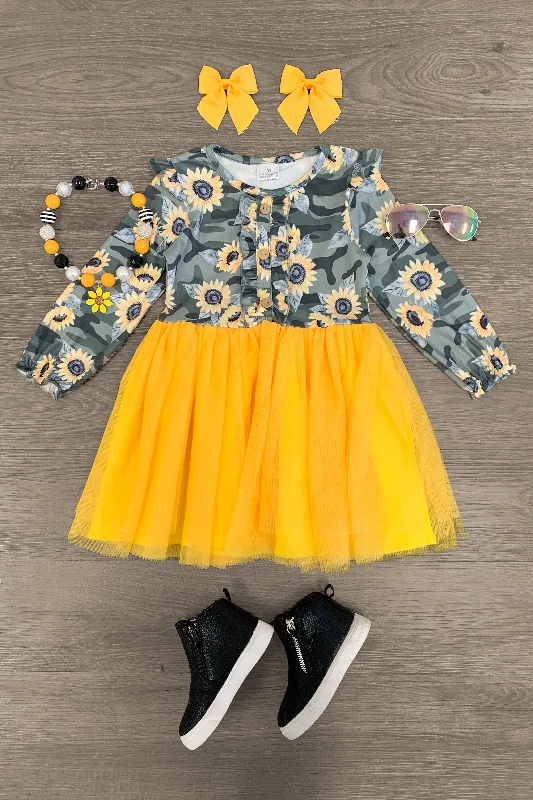 Sweetheart Neckline DressCamo Sunflower Long Sleeve Tutu Dress