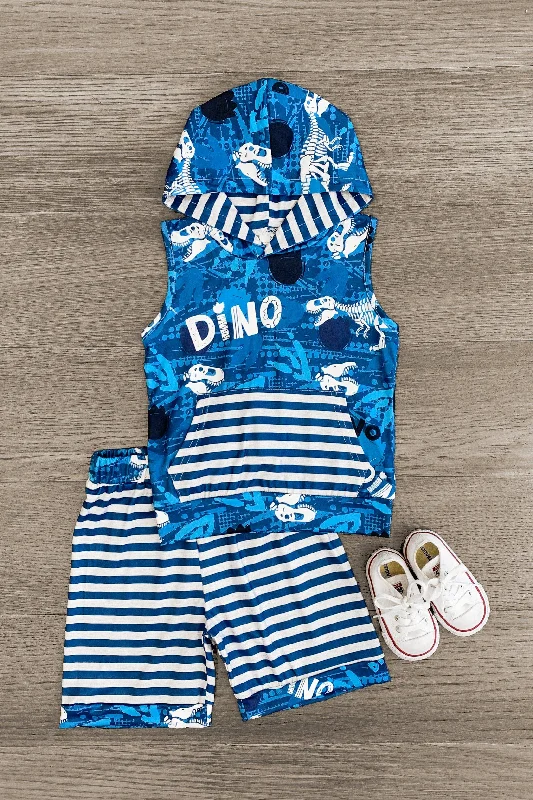 women's lace dresses"Dino" Striped Sleeveless Hoodie Short Set