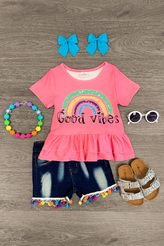 Peplum Hem Dress"Good Vibes" Pink Ruffle Pom Pom Short Set