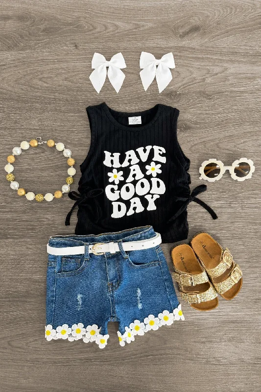 women's fashionable dresses"Have A Good Day" Daisy Denim Short Set