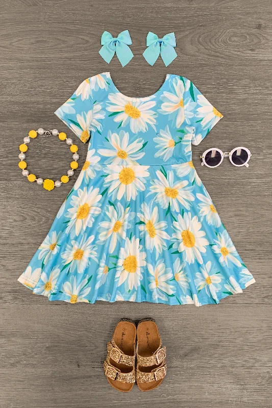 Satin DressLight Blue Daisy Short Sleeve Dress