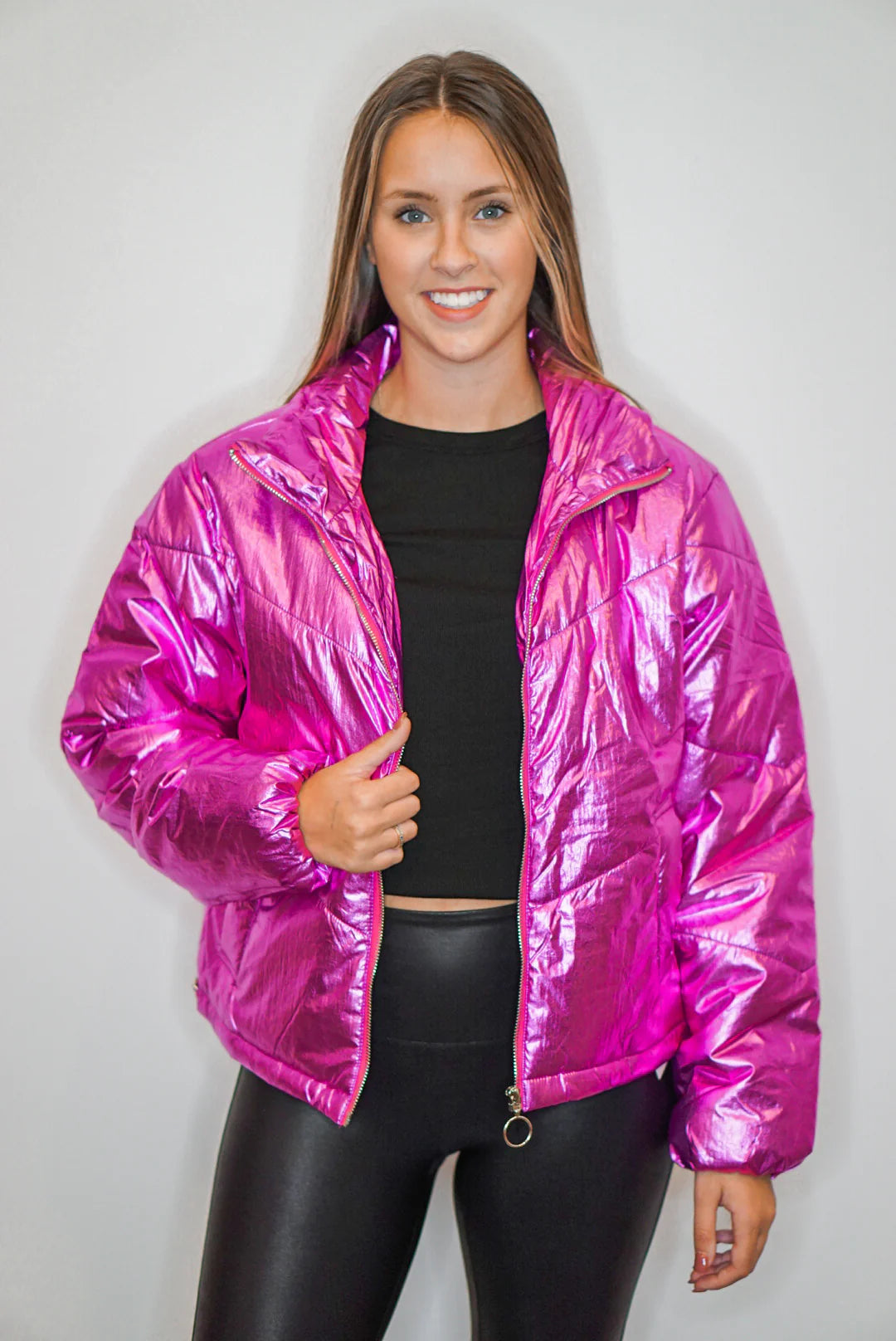 women's body-skimming dressesMetallic Trends Magenta Puffer Jacket