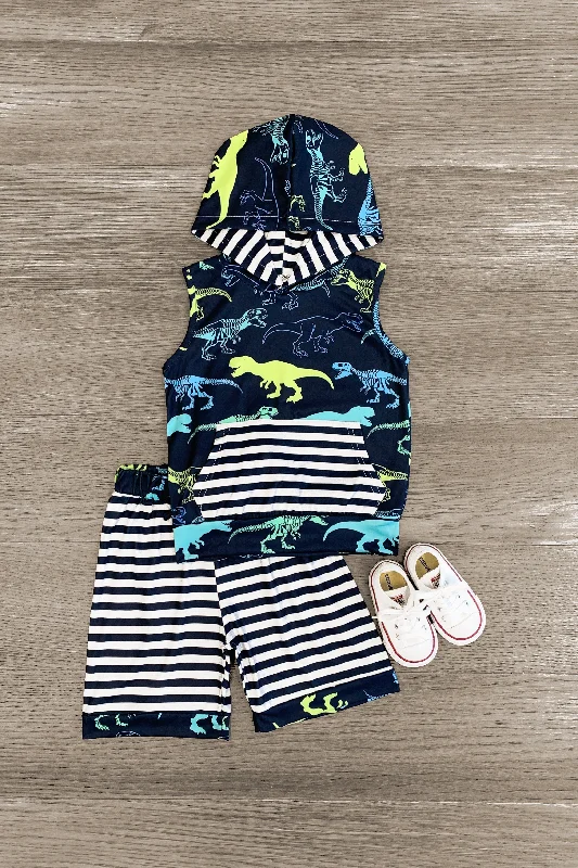 Casual Chic DressNavy Dinosaur Striped Sleeveless Hoodie Short Set