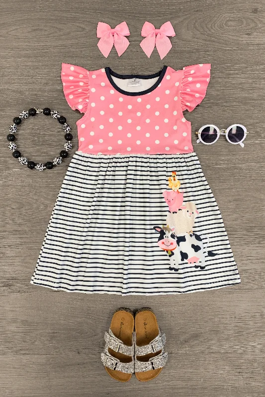 Scoop-Neck DressPink Striped Barn Yard Friends Dress