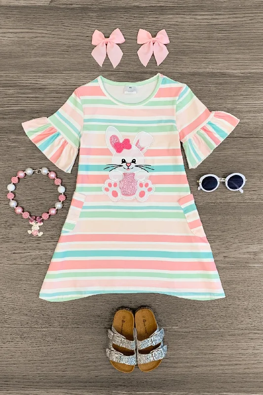 Embellished DressWhite Glitter Bunny Pastel Stripe Dress