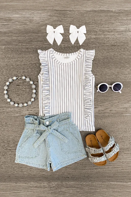 Short-Sleeve DressWhite & Gray Striped Denim Short Set